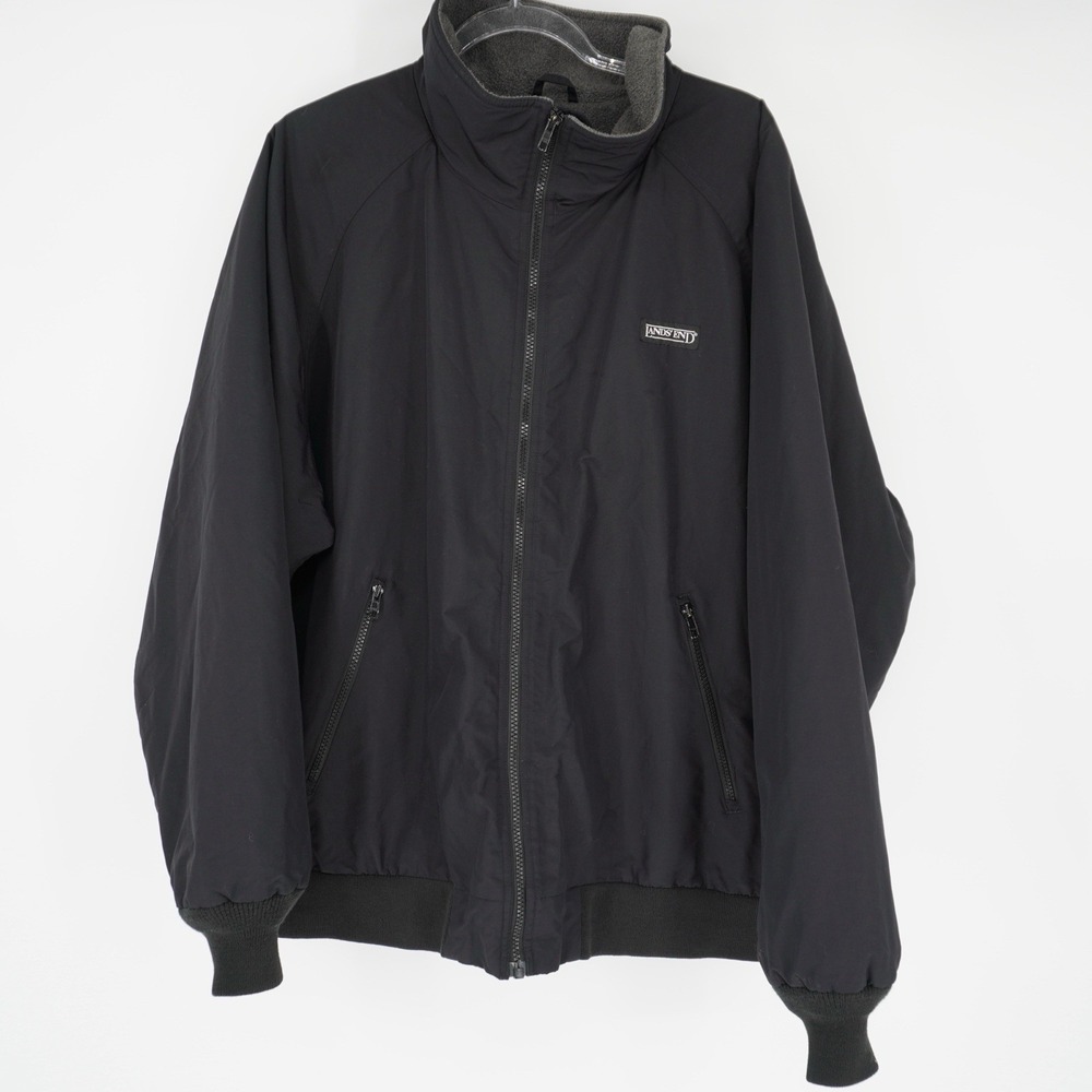 Lands End Mens XL Black Squall‎ Bomber Jacket Fleece-Lined Windbreaker Gorpcore